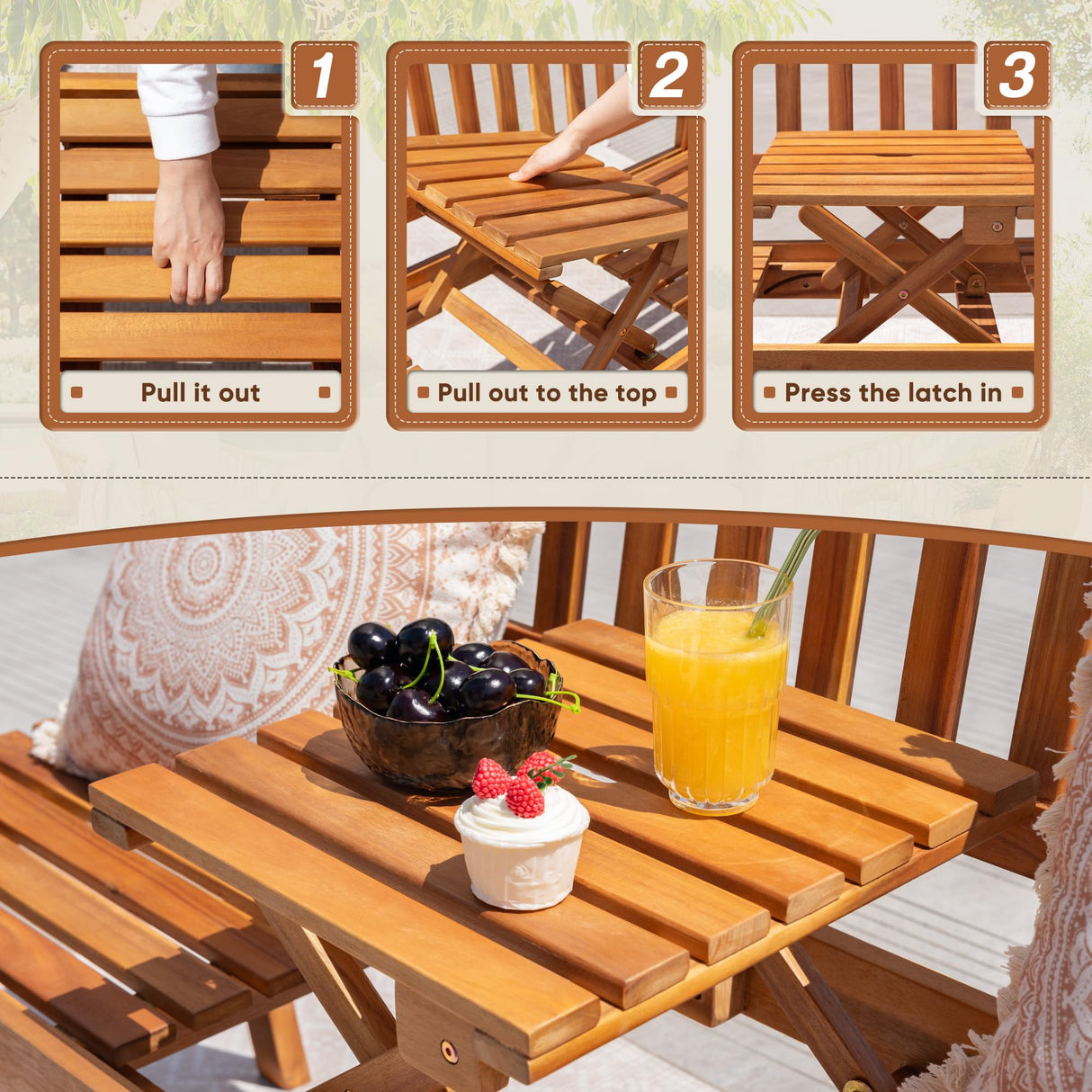 Devoko Outdoor Bench, 2-Person Garden Bench, Patio Wood Bench Outdoor Loveseat with Pull-Out Center Table for Backyard, Balcony and Patio and Garden (Log Color) Devoko