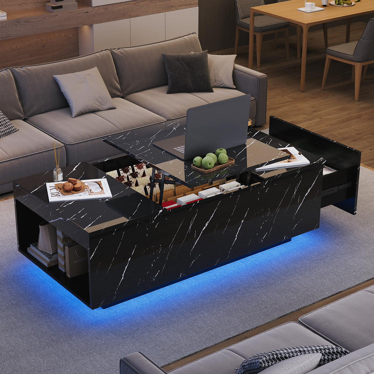 Lift Top Coffee Table, High Glossy Coffee Table with Wireless Charging and Speaker, Modern Coffee Table with 24 Colors LED Lights,Center Table with Drawer and Hidden Compartment for Living Room Black PPorfamilia