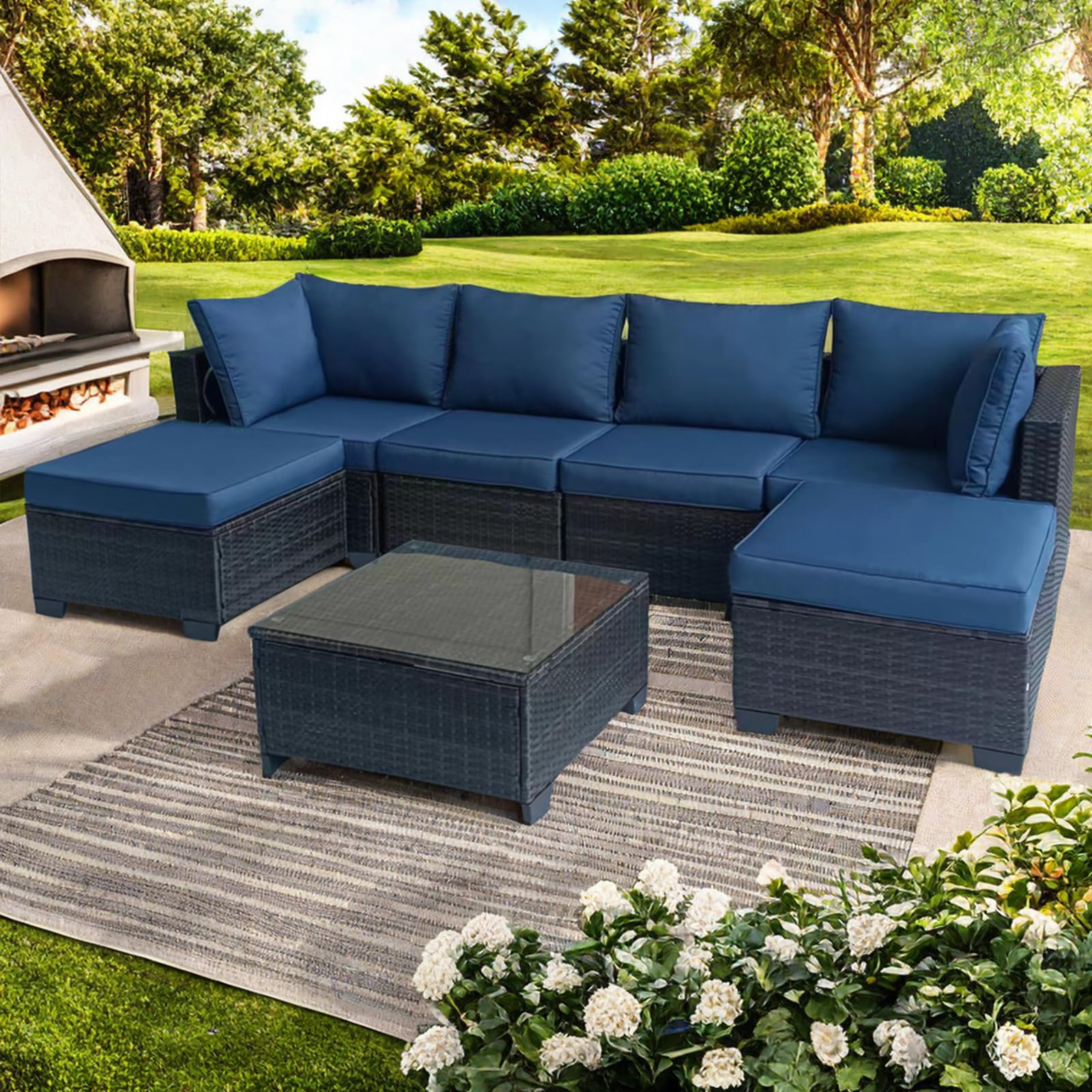 7-Piece Outdoor Furniture Patio Rattan Sectional Set with Wicker Conversation Sofas,Include Cushions, Coffee Table,Easy to Assemble,Perfect for Backyard, Porch, Garden, and Balcony (Brown-Dar - WoodArtSupply