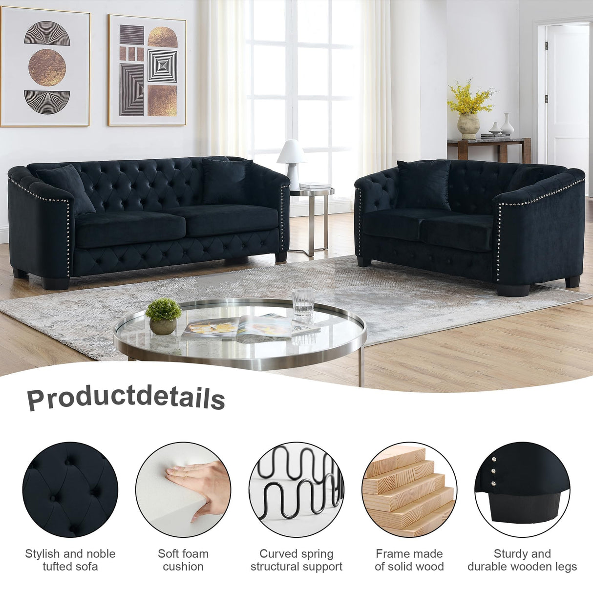 Sectional Couch for Living Room, Luxury 2 Piece Chesterfield Velvet Sofa Set 77" 3-Seater + 59" Loveseat, Modern Tufted Upholstery with Nailhead Arms and 4 Cushions for Office & Coffee Bars, Black BUIORD