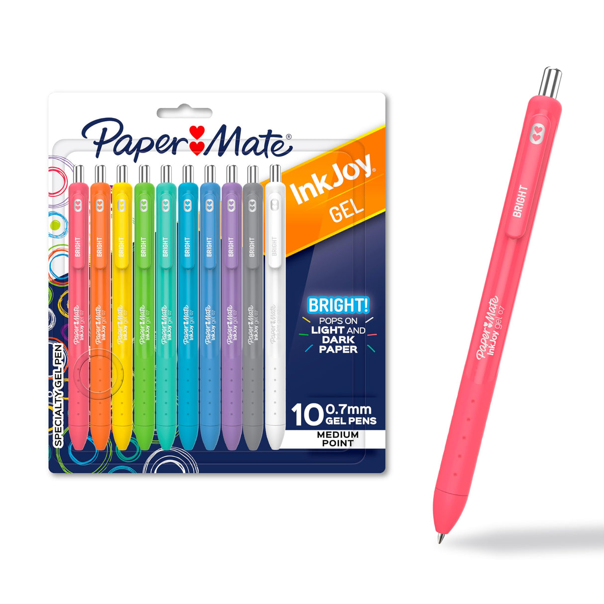 Paper Mate InkJoy Bright Pens, Gel Pens, Medium Point (0.7mm), Retractable, Assorted Brighter Colors, 10 Count Paper Mate