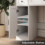 Vabches Vanity Desk with Mirror and Lights,Glass Top,Makeup Vanity Table Set with Stool,Charging Station and 3 Lighting Modes,2 Cabinets 3 Drawers Dressing Table，White Vabches