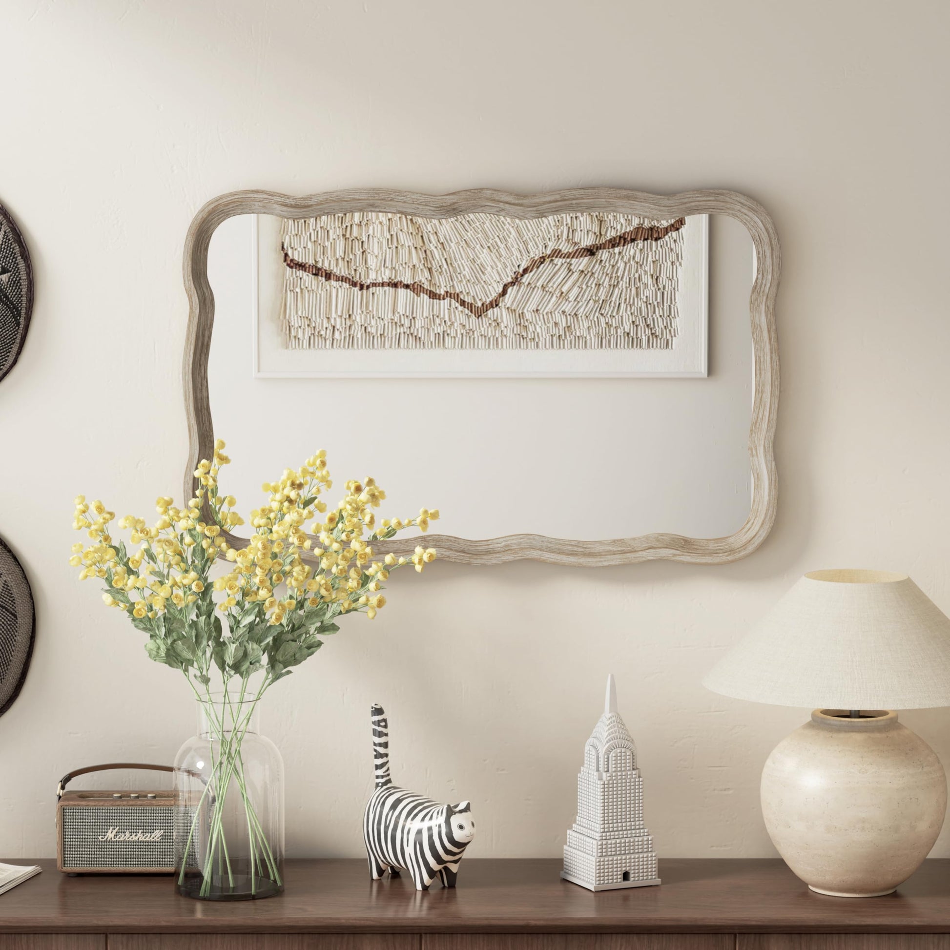 COZAYH Curved Wood Frame Accent Mirror, Farmhouse French Country Decorative Wall Mirror, Rectangle 23.5”L x 38”W, Natural - WoodArtSupply