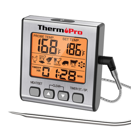 ThermoPro TP16S Digital Meat Thermometer for Cooking and Grilling, BBQ Food Thermometer with Backlight and Kitchen Timer, Grill Temperature Probe Thermometer for Smoker, Barbecue, Oven, Baking,Oil ThermoPro