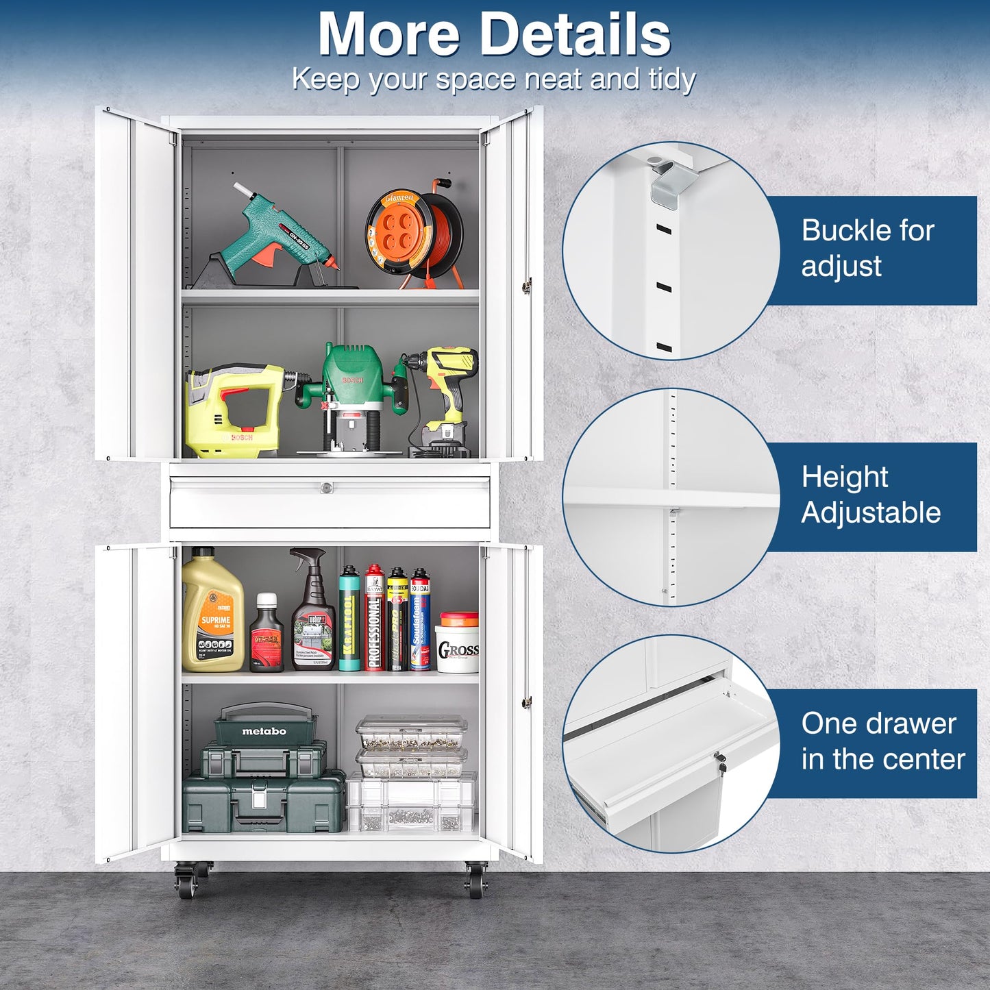 AFAIF White Metal Storage Cabinet with Wheels, 73" Tall Garage Rolling Storage Cabinet with Doors and Shelves, Lockable Tool Cabinet Steel Locking Cabinets for Home Office, Garage, Pantry