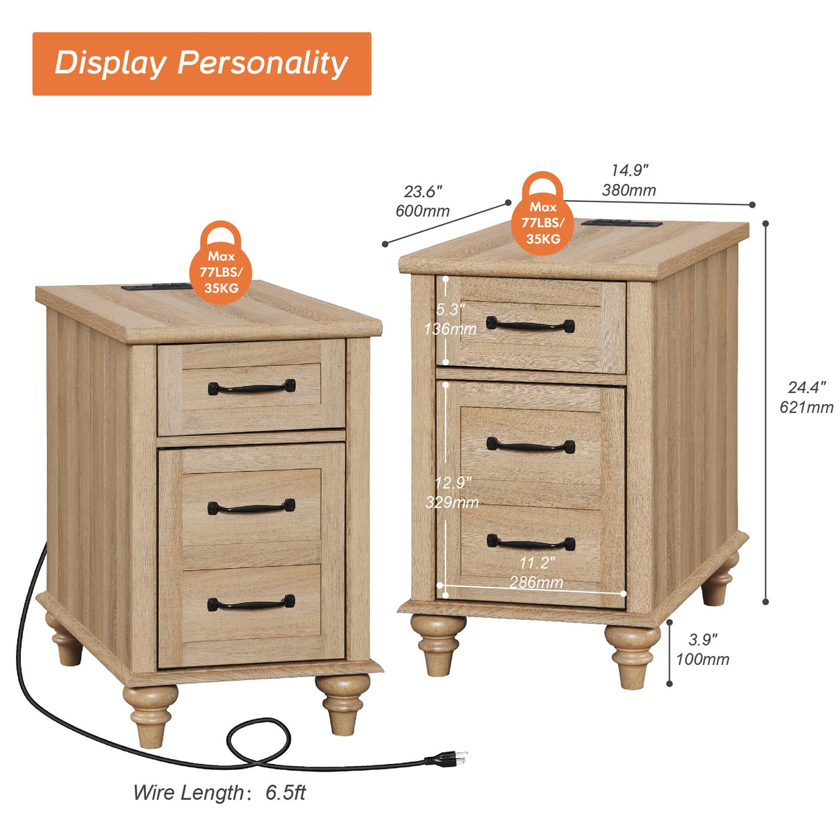 WAMPAT Set of 2 End Tables with Charging Station, Light Wood Side Sofa Table with Drawer and Storage Cabinet, Farmhouse Nightstand with Power Outlets & USB Ports for Living Room, Bedroom, Oak WAMPAT