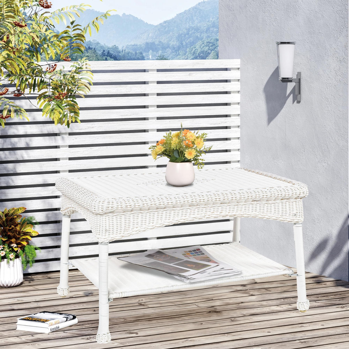 Jeco Inc White Wicker Patio Coffee Table Jeco