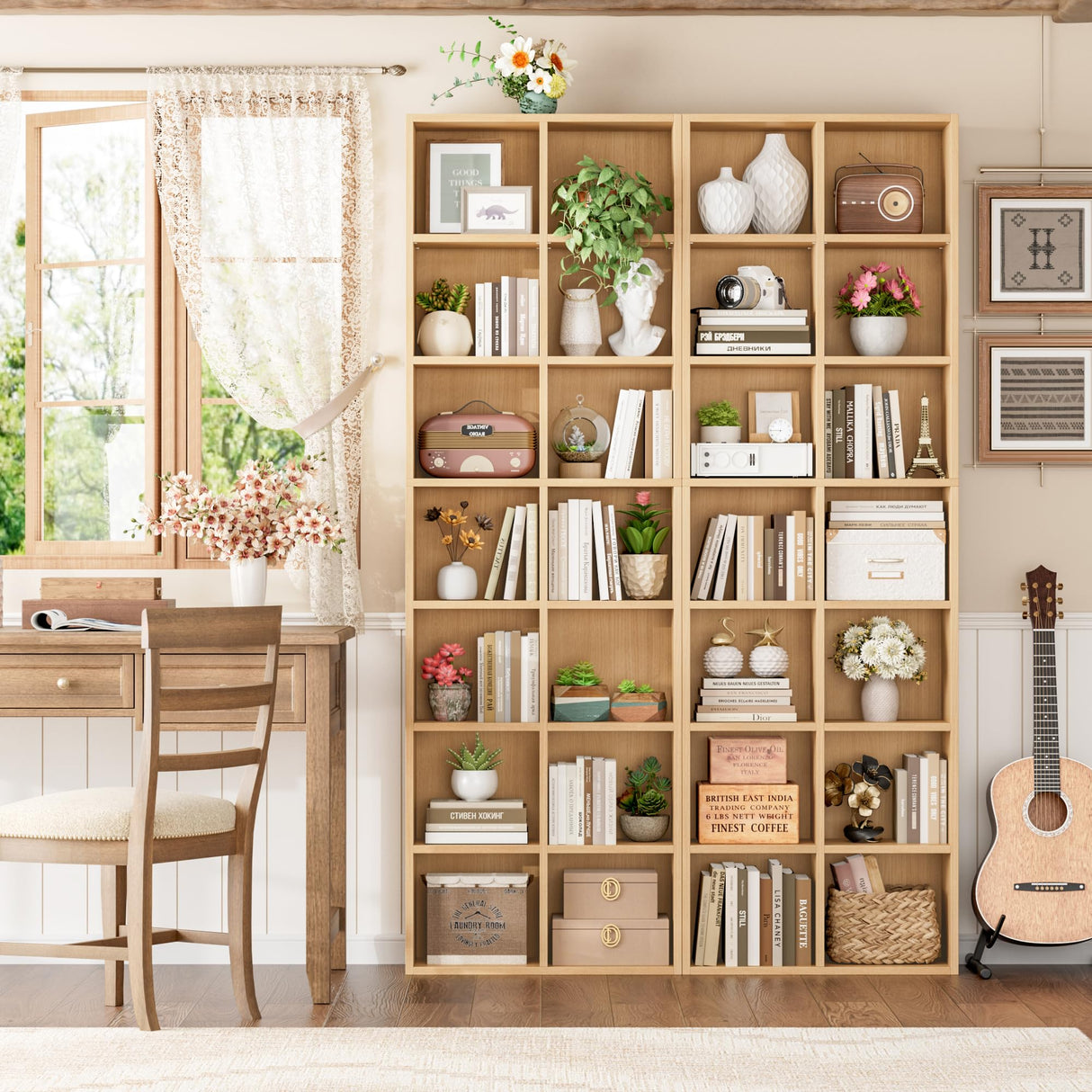 FOTOSOK 71’’ Narrow Bookshelf and Bookcase, Wooden Shelf 7 Tier Media Storage Tower Rack, CD DVD Storage Tower Rack with Adjustable Shelves,Double Wide Slim Bookshelf Cube Storage Organizer, Natural FOTOSOK