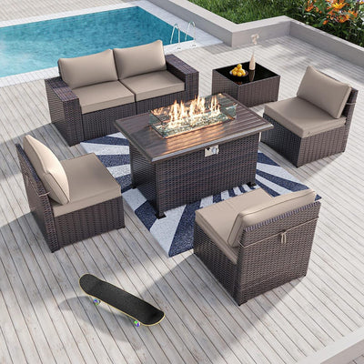 Kullavik 7 Pieces Outdoor Patio Furniture Set with 43" 55000BTU Gas Propane Fire Pit Table PE Wicker Rattan Sectional Sofa Patio Conversation Sets,Khaki