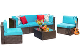 Vongrasig 6 Piece Small Patio Furniture Sets, Outdoor Sectional Sofa All Weather PE Wicker Patio Sofa Couch Garden Backyard Conversation Set with Glass Table,Blue Cushions and Red Pillows (Blue) Vongrasig