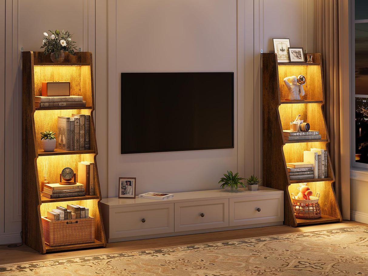 Hoctieon 5-Tier Open Bookcase and Bookshelf with LED Light, Floor Standing Display Storage Shelves, Wood Modern Display Organizer for Home Office, Living Room, Bedroom, Study, Rustic Brown Hoctieon