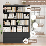 FINETONES 71" Black Bookshelf with Drawers, 47.3" Double Wide Bookshelves and Bookcases with Storage, Tall Bookshelf Large Open Book Shelf Standing Book Case for Home Office, Black FINETONES