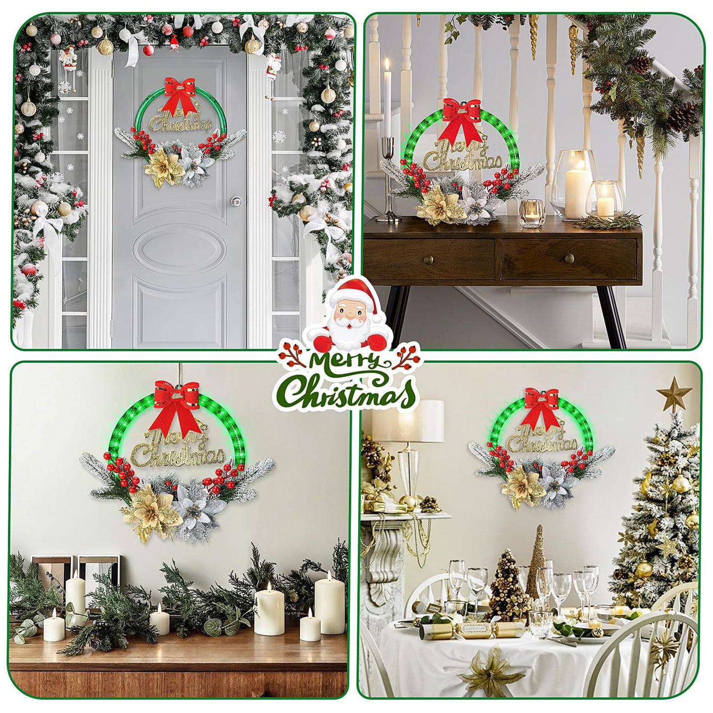 BLOOMWIN Christmas Wreath with LED Lights, 11'' Light Up Christmas Wreath Decorations Indoor, Flowers Picks, Green Prelit Small Reef Garland for Front Door, Windows, Battery Operated/Charging Port