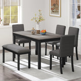 Zevemomo 6-Piece Solid Wood Dining Table Set, Including 1 Dining Table, 4 Upholstered Chairs and 1 Bench, Wooden Legs Dining Table Set for Dining Room, Kitchen, Restaurant, Dark Grey Zevemomo