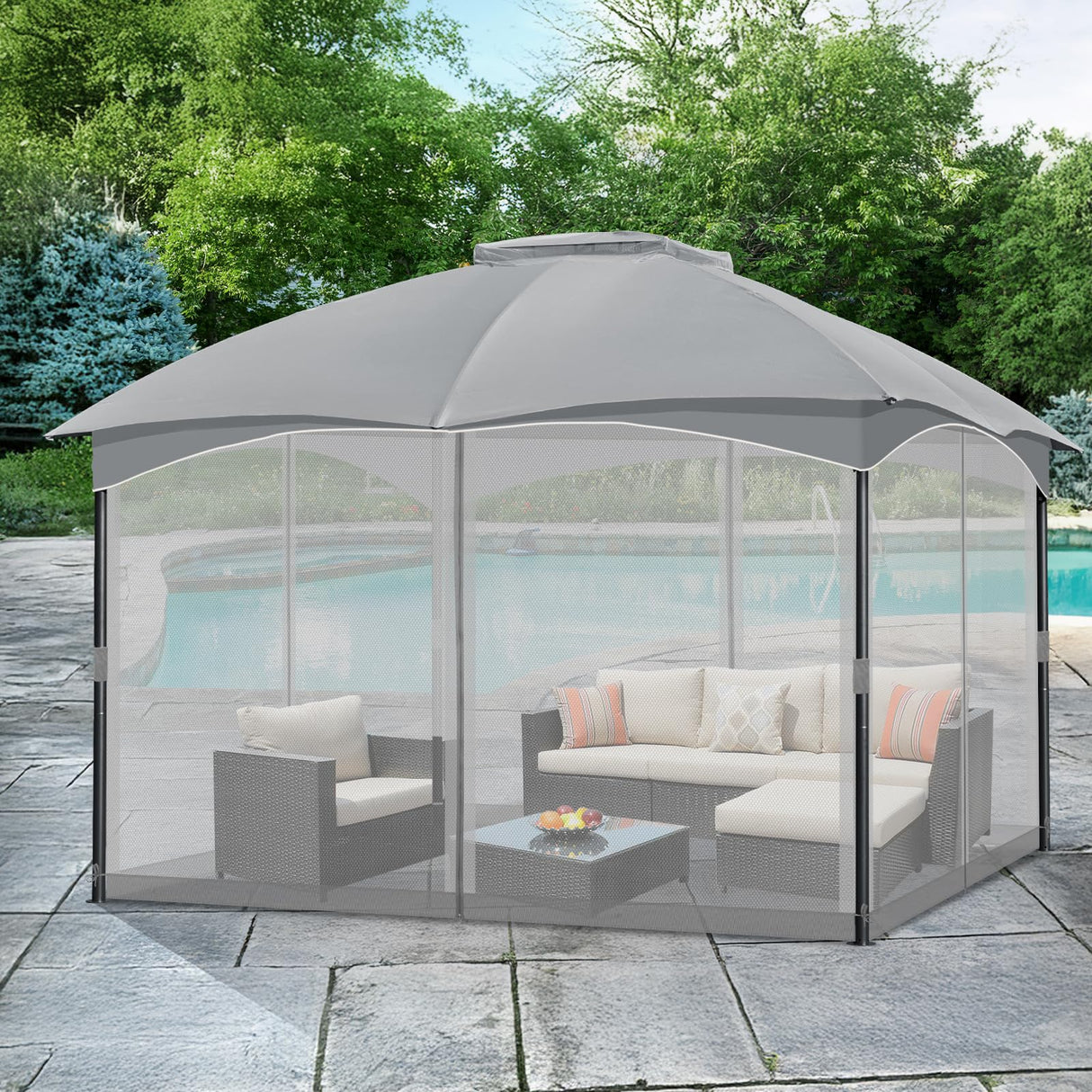 COWVIE Gazebo Replacement Netting Screen, 12' x 14' Universal Gazebo 4-Panel Mosquito Sidewalls with Double Zippers for Outdoor Patio (Only Netting) COWVIE
