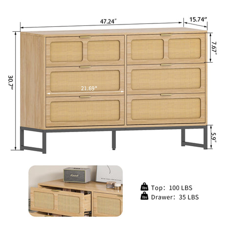 Rattan 6 Drawer Dresser Boho Dresser Chest of Drawers Farmhouse Oak 6 Double Drawer Dresser Cabinet with Wide Drawers Metal Legs Mid Century Modern Storage Dressers Chest for Bedroom, Living Room Furtivusia