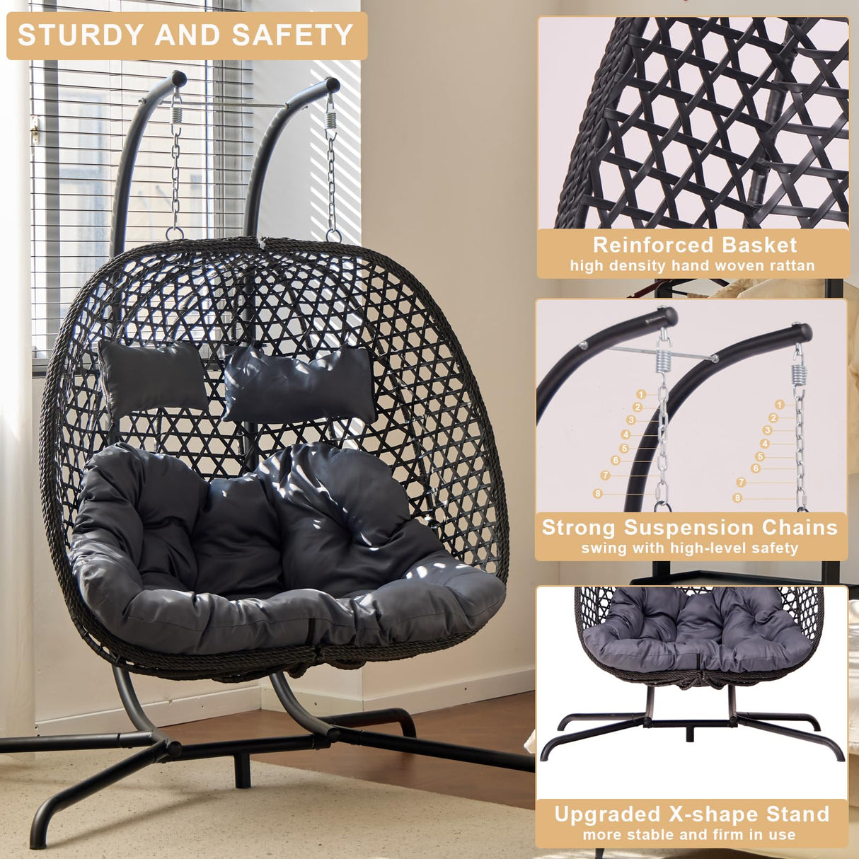 Double Hanging Swing Egg Chair with Stand, Hexagon Wicker Hammock Swing Chair for Outdoor Garden Patio, 2 Person Egg Chair with Foldable Loveseat Removable Cushions (Dark Grey) WALTSOM