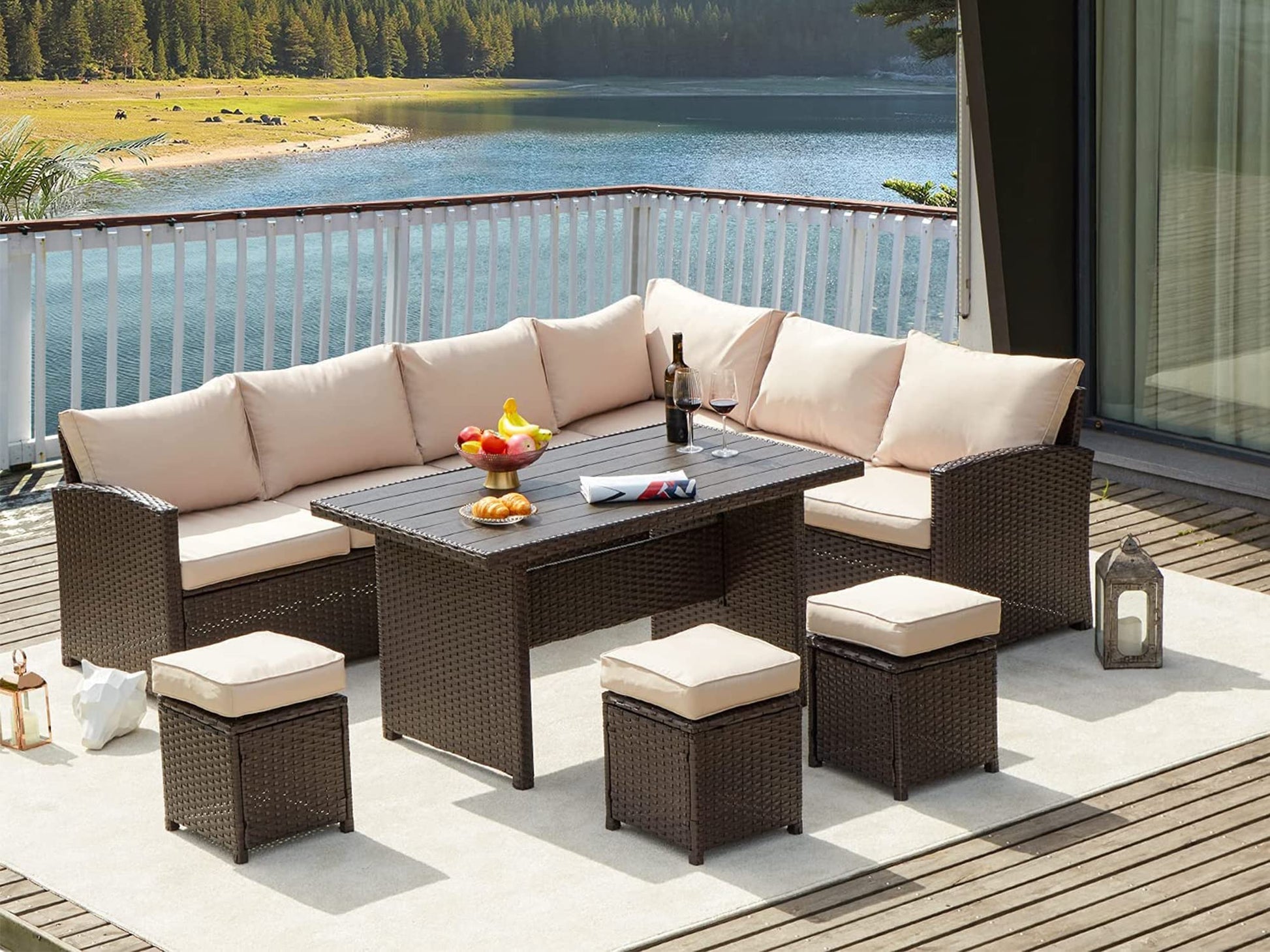 AECOJOY Patio Furniture Set, 7 Pieces Outdoor Patio Furniture with Dining Table&Chair, All Weather Wicker Conversation Set with Ottoman,Khaki - WoodArtSupply