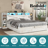 AMERLIFE King Size Lift Up Storage Bed Frame, 45.1" LED Bed Frame with 2 Side Shelves & Bookcase Headboard, Farmhouse Wood Platform Bed with Charging Station, No Box Spring Needed, Distressed White AMERLIFE