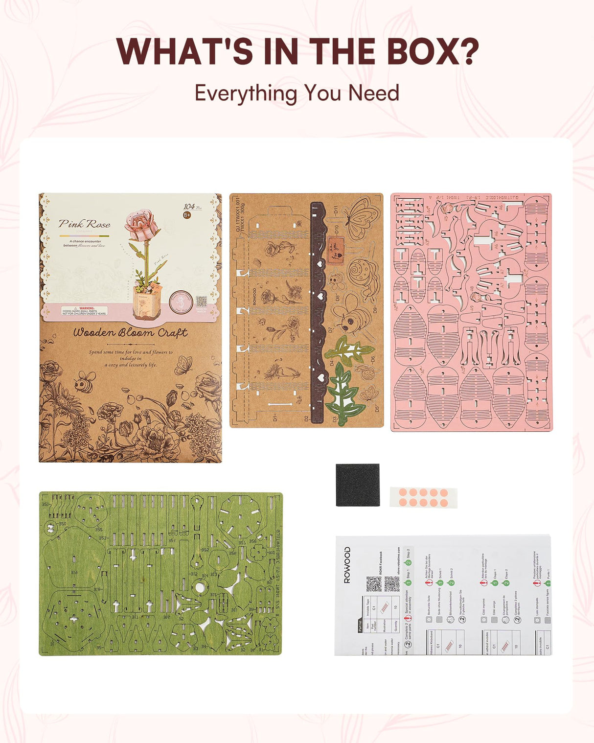 Wowood 3D Flower Wooden Puzzles for Adults-Pink Rose, DIY Wooden Flowers Model Kit Building Set Crafts for Adults to Build, Botanical Collection/Ideal Creative Gift Ideas/Housewarming (104PCS) Wowood