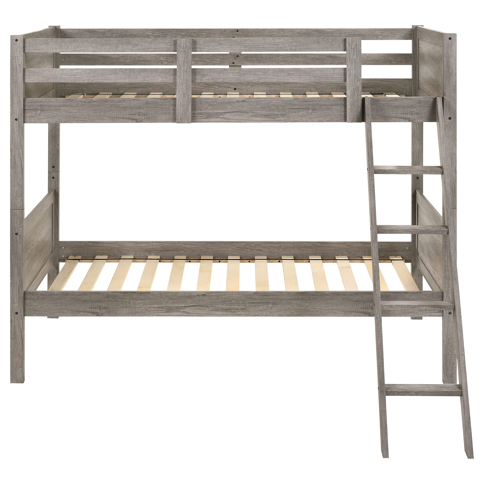 Ryder Twin Over Twin Solid Wood Bunk Bed in Weathered Taupe with Guardrail & Ladder by Coaster Home Furnishings - WoodArtSupply