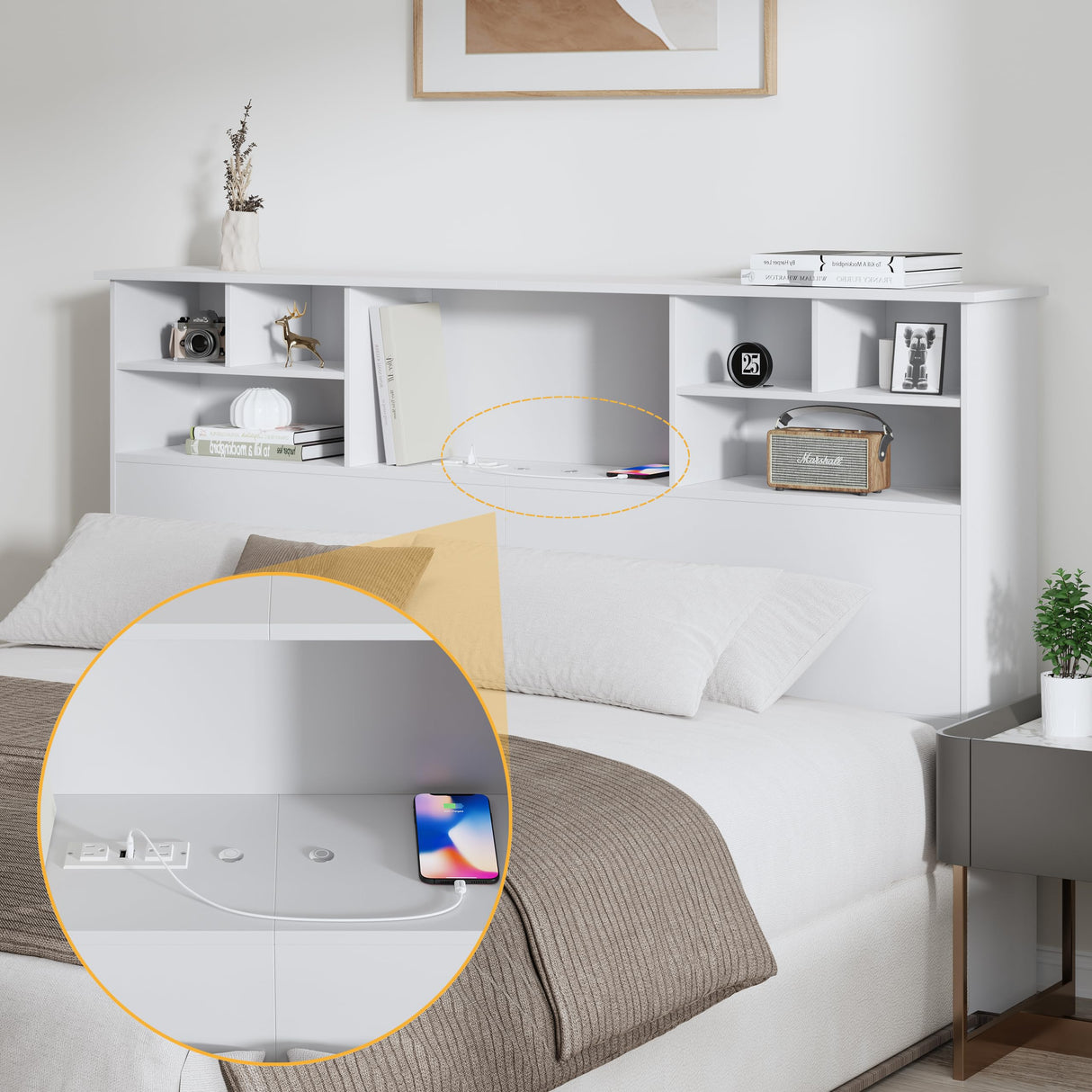 AYEASY King Size Headboard for Bedroom, Stylish Bookcase Headboard with Built-in Charging Station & 2 LED Lights, Engineered Wood Headboard, Noise-Free HeadBoard King Size with Storage, White AYEASY