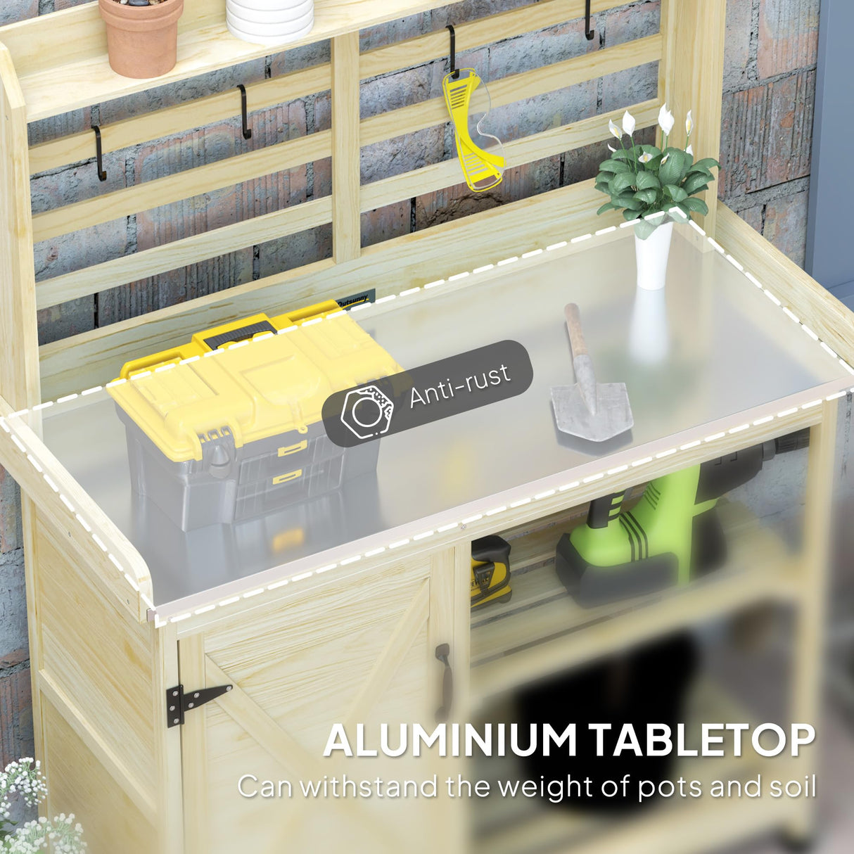 Outsunny Outdoor Wooden Potting Bench Table, Garden Workstation with Storage Cabinet, Storage Shelves for Backyard, Patio, Balcony, Natural Outsunny