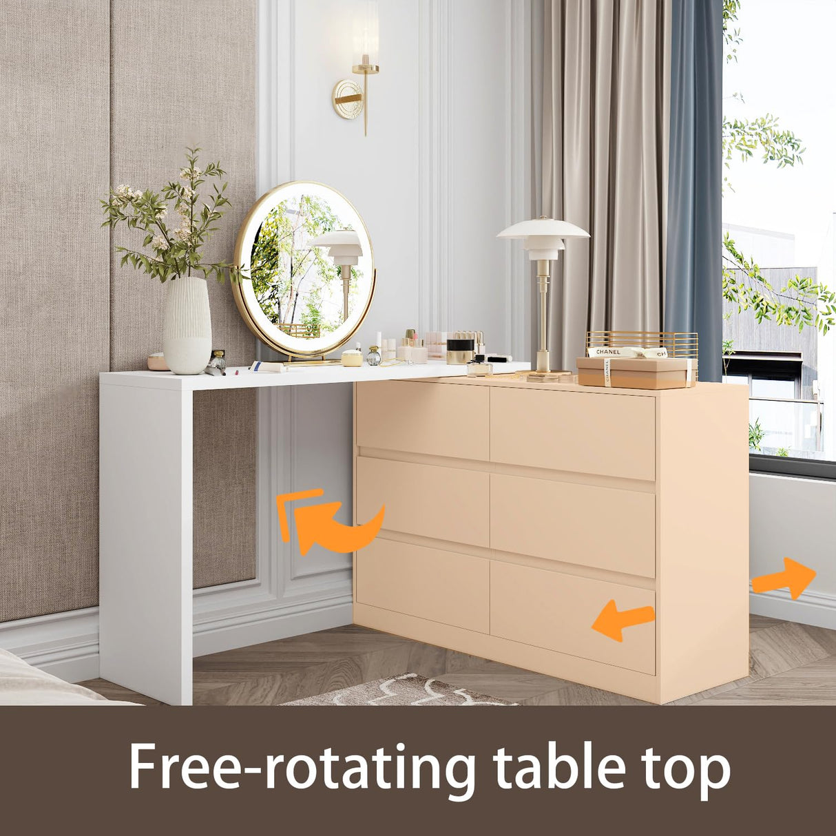 ROMSHINE 6 Drawer Dresser with Rotatable Tabletop, Modern Chest of Drawers with Extendable Desk (No More Than 98" W), Drawer Organizer for Bedroom Home Office, White Dresser ROMSHINE