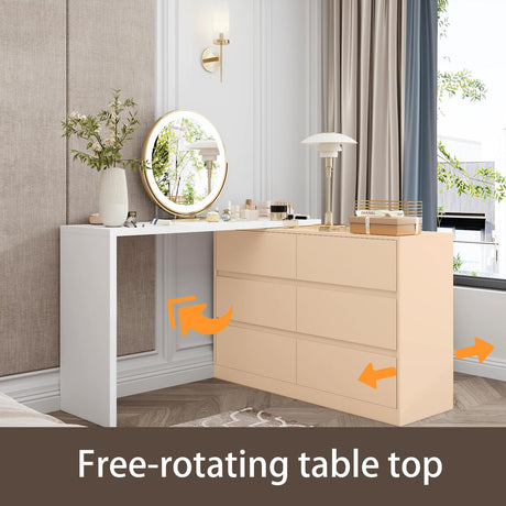 ROMSHINE 6 Drawer Dresser with Rotatable Tabletop, Modern Chest of Drawers with Extendable Desk (No More Than 98" W), Drawer Organizer for Bedroom Home Office, White Dresser ROMSHINE