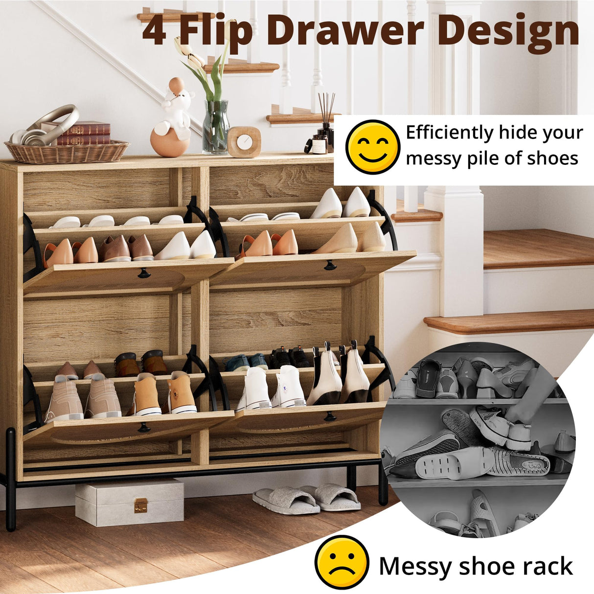 IRONCK Rattan Shoe Cabinet Storage with 4 Flip Drawers, Freestanding Shoe Storage Organizer Cabinet for Entryway, Narrow Shoe Rack Cabinet, Oak IRONCK