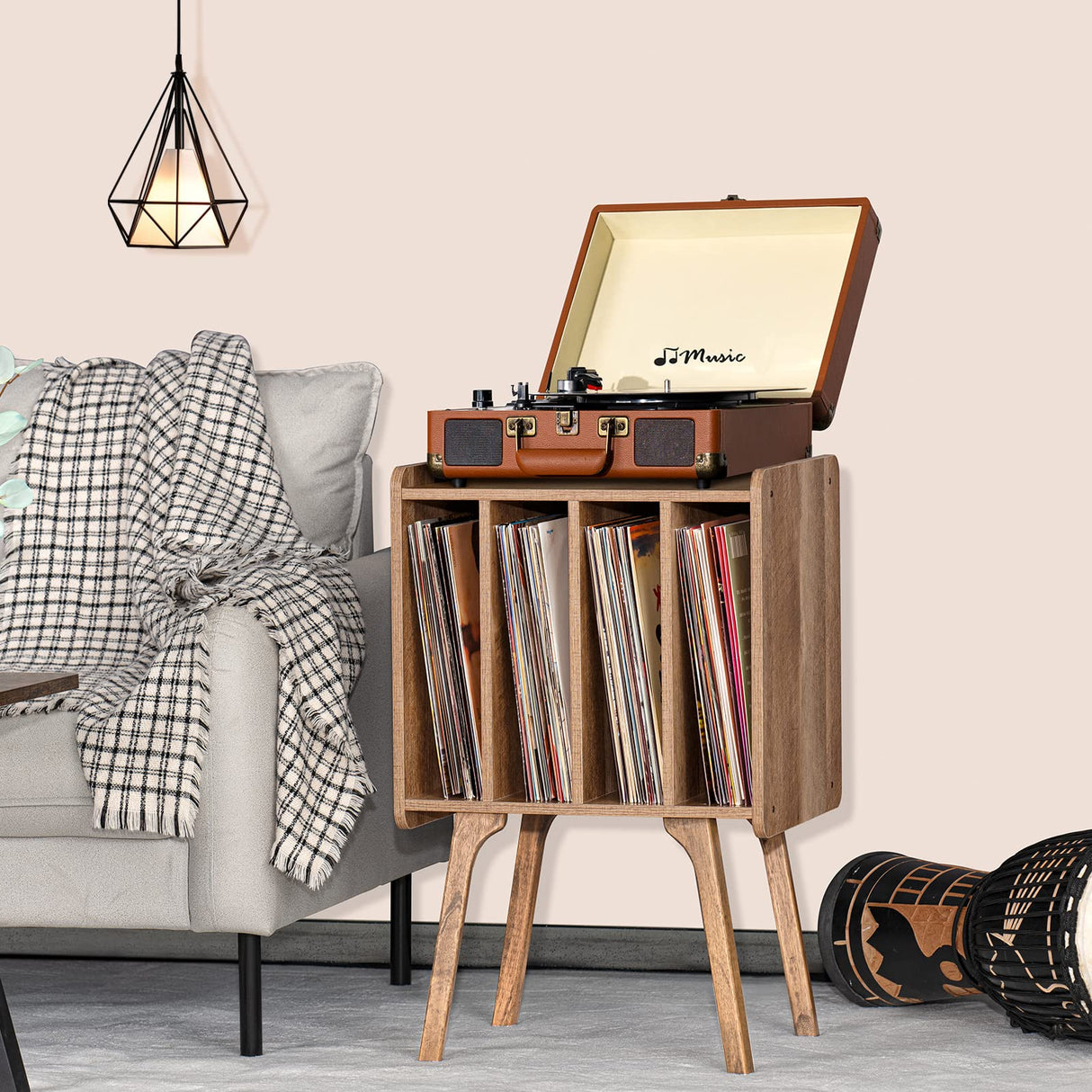 LELELINKY Record Player Stand,Vinyl Record Storage Table with 4 Cabinet Up to 100 Albums,Mid-Century Modern Turntable Stand with Wood Legs,Oak Grey Vinyl Holder Display Shelf for Bedroom Living Room LELELINKY