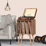 LELELINKY Record Player Stand,Vinyl Record Storage Table with 4 Cabinet Up to 100 Albums,Mid-Century Modern Turntable Stand with Wood Legs,Oak Grey Vinyl Holder Display Shelf for Bedroom Living Room LELELINKY