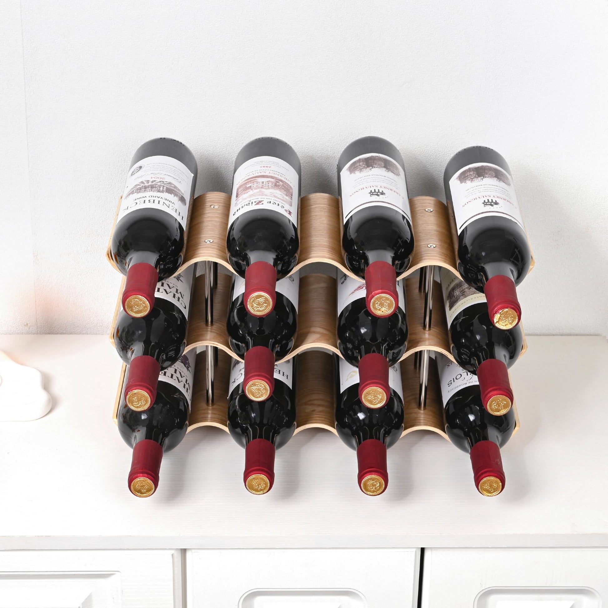 TRUDING Countertop Wine Rack - 12 Bottle Freestanding Wine Bottle Holder Stand - 3 Tier Wooden Wine Storage Rack - Wavy Wine Organizer for Cabinet - WoodArtSupply