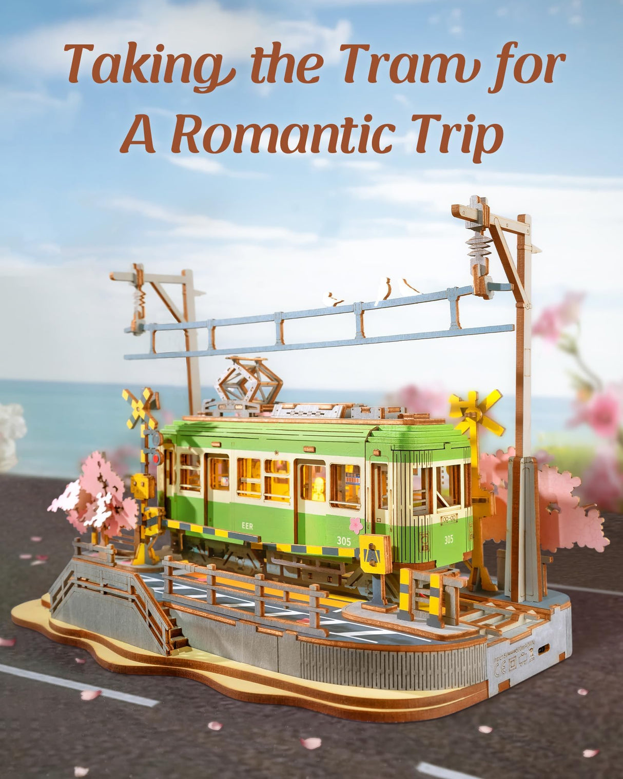 Rolife 3D Wooden Puzzle for Adults, Sakura Journey Tram DIY Model Building Kits with LED Lights, Creative Kids Craft Hobby Gift and Brain Teaser Home Decor Assembly Toy Rolife