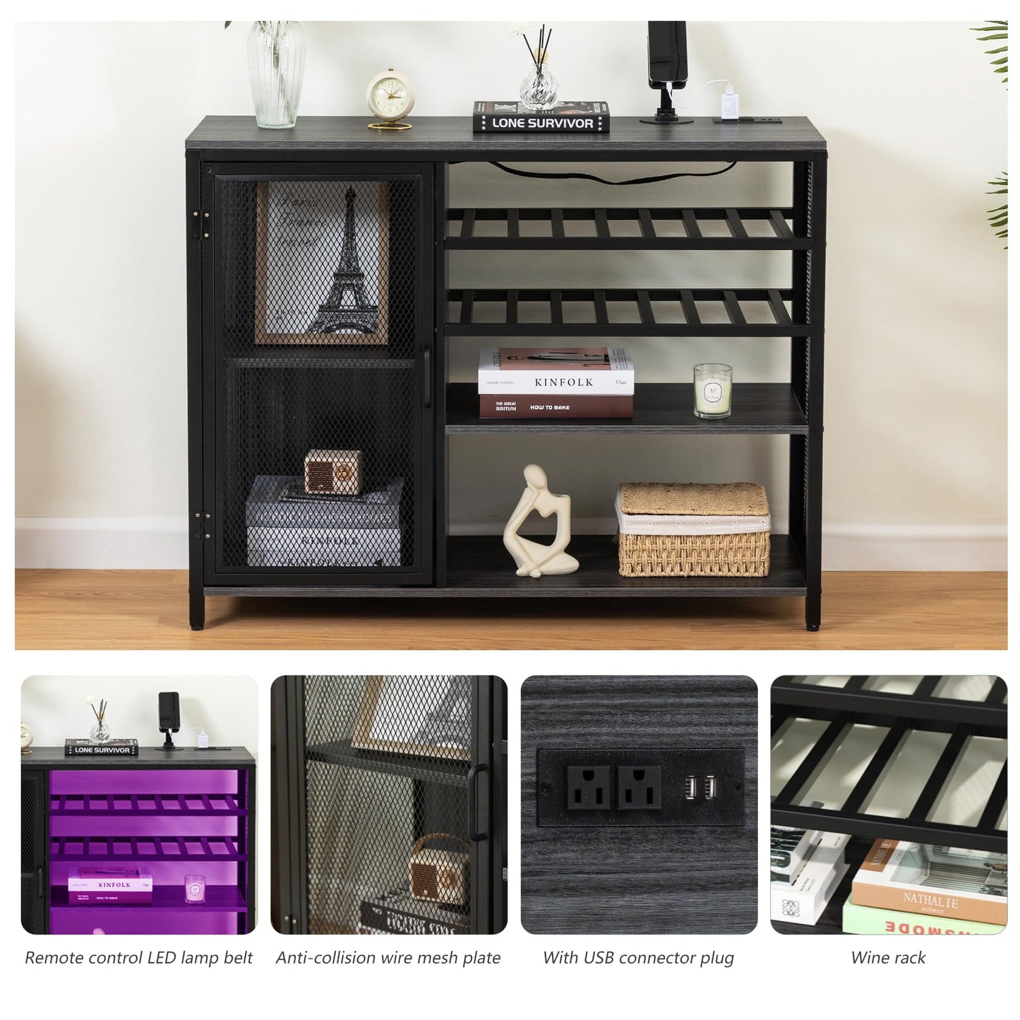 TopCity LED Industrial Wine Bar Cabinet Coffee Buffet Sideboard with Storage for Liquor and Glasses Wood Metal Sideboard with Wine Racks for Home Kitchen Dining (Gray, 43.31"*13.78"*32.87") - WoodArtSupply