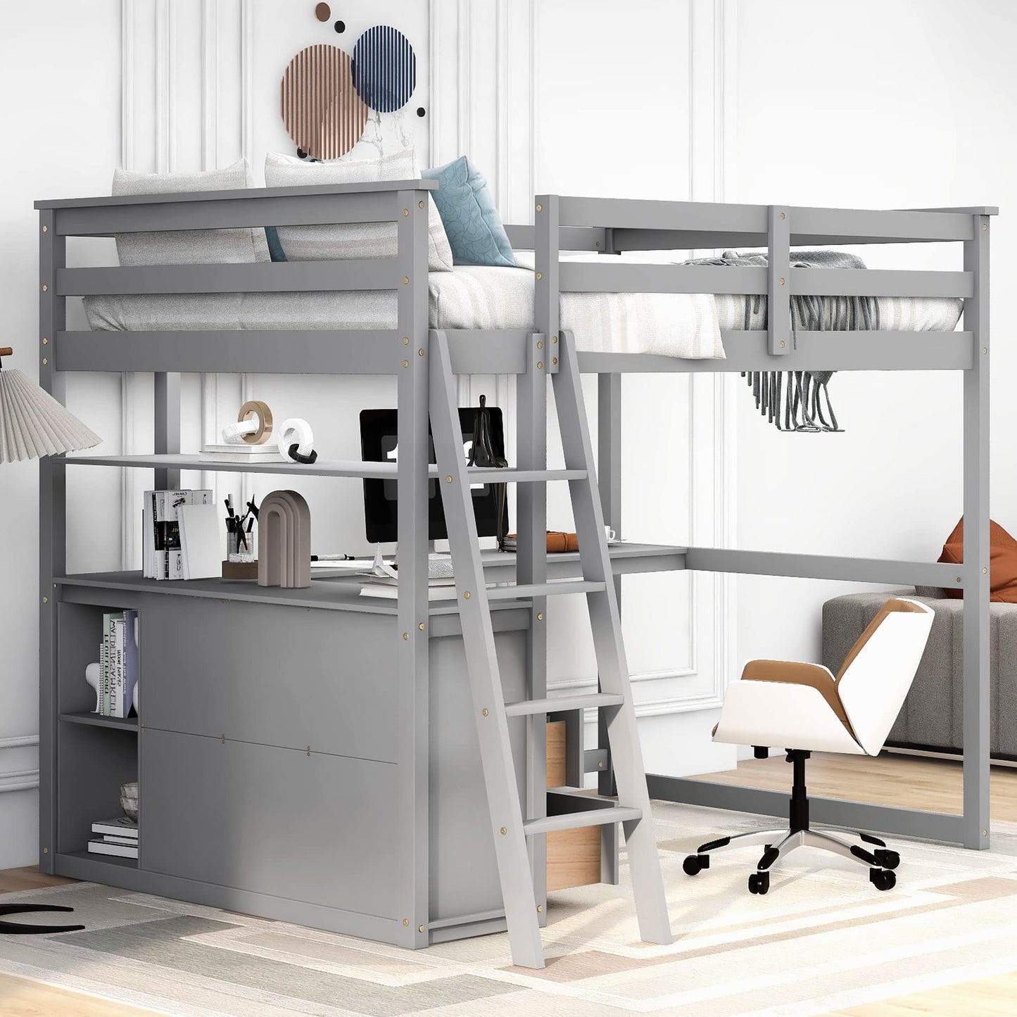 Harper & Bright Designs Grey Full Size Loft Bed with Desk, Storage Drawers, and Shelves - WoodArtSupply