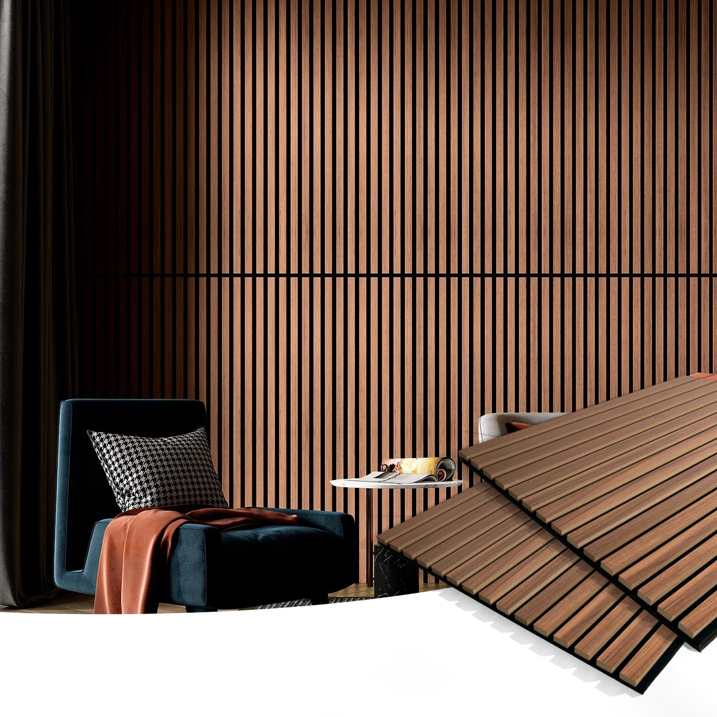 Art3d 2 Wood Slat Acoustic Panels for Wall and Ceiling - 3D Fluted Sound Absorbing Panel with Wood Finish - Walnut