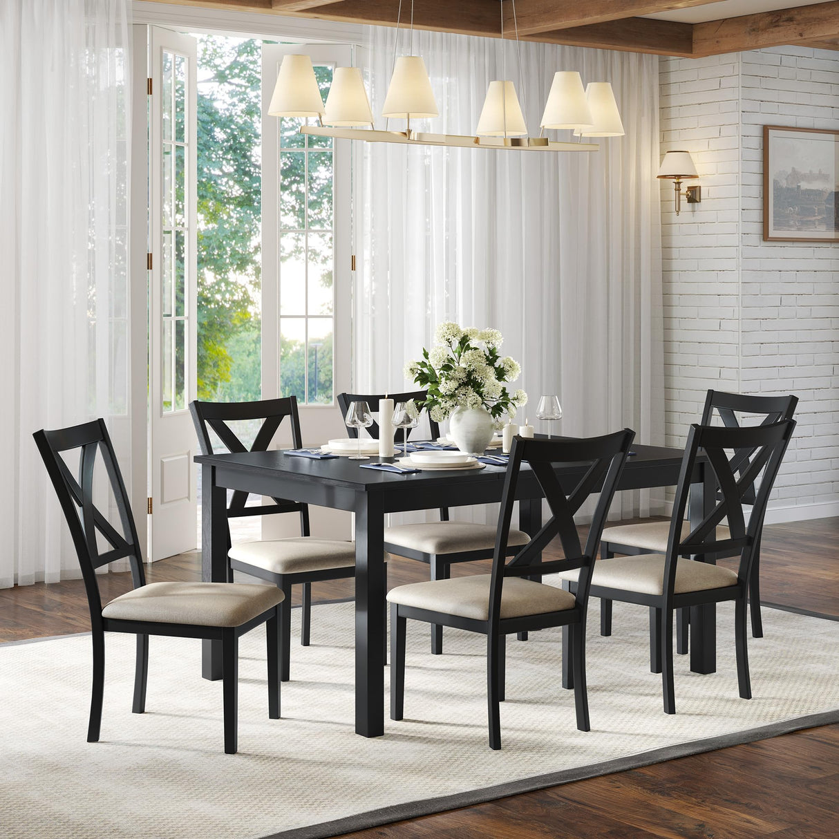 AMERLIFE 7-Piece Farmhouse Dining Table Set with 6 Upholstered Chairs, 60" Space-Saving Dining Table & Chair Set for Dining Room, Kitchen, Small Apartment, Restaurant, Grey & White AMERLIFE