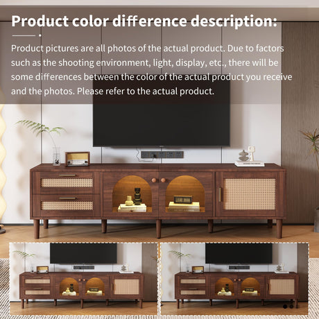 Merax Rattan TV Stand with LED Lights, 70" Entertainment Center with 3 Cabinets & 2 Drawers Media Console Table for TVs Up to 80", Solid Wood Feet, Living Room, Bedroom Furniture Merax