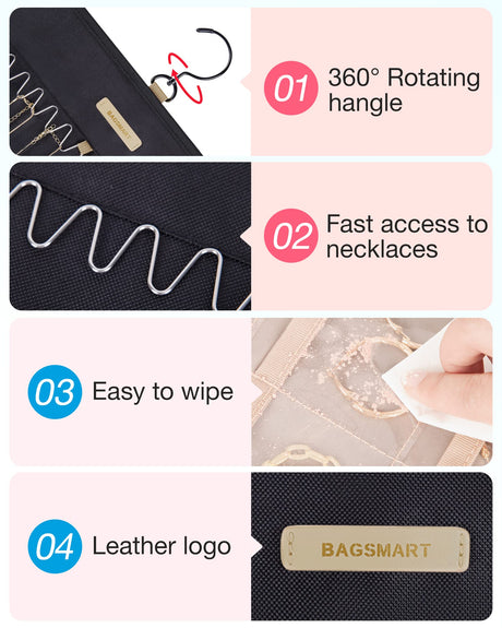 BAGSMART Hanging Jewelry Organizer Storage Roll with Hanger Metal Hooks Double-Sided Jewelry Holder for Earrings, Necklaces, Rings on Closet, Wall, Door, 1 piece, Large, Black BAGSMART