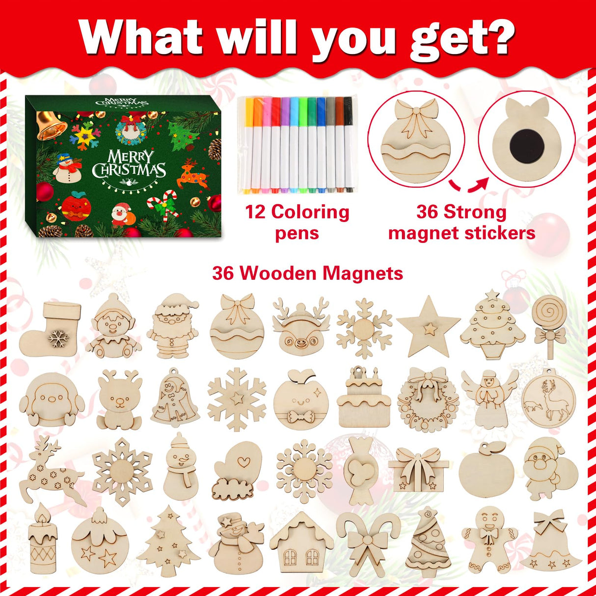 Worgree Christmas Crafts for Kids, 36pcs DIY Wooden Magnets Art Craft Supplies Painting Kit for Boys Girls Ages 4-8 8-12 Xmas Stocking Stuffers Toys Party Favors Gifts Goodie Bag Fillers Holiday Decor Worgree