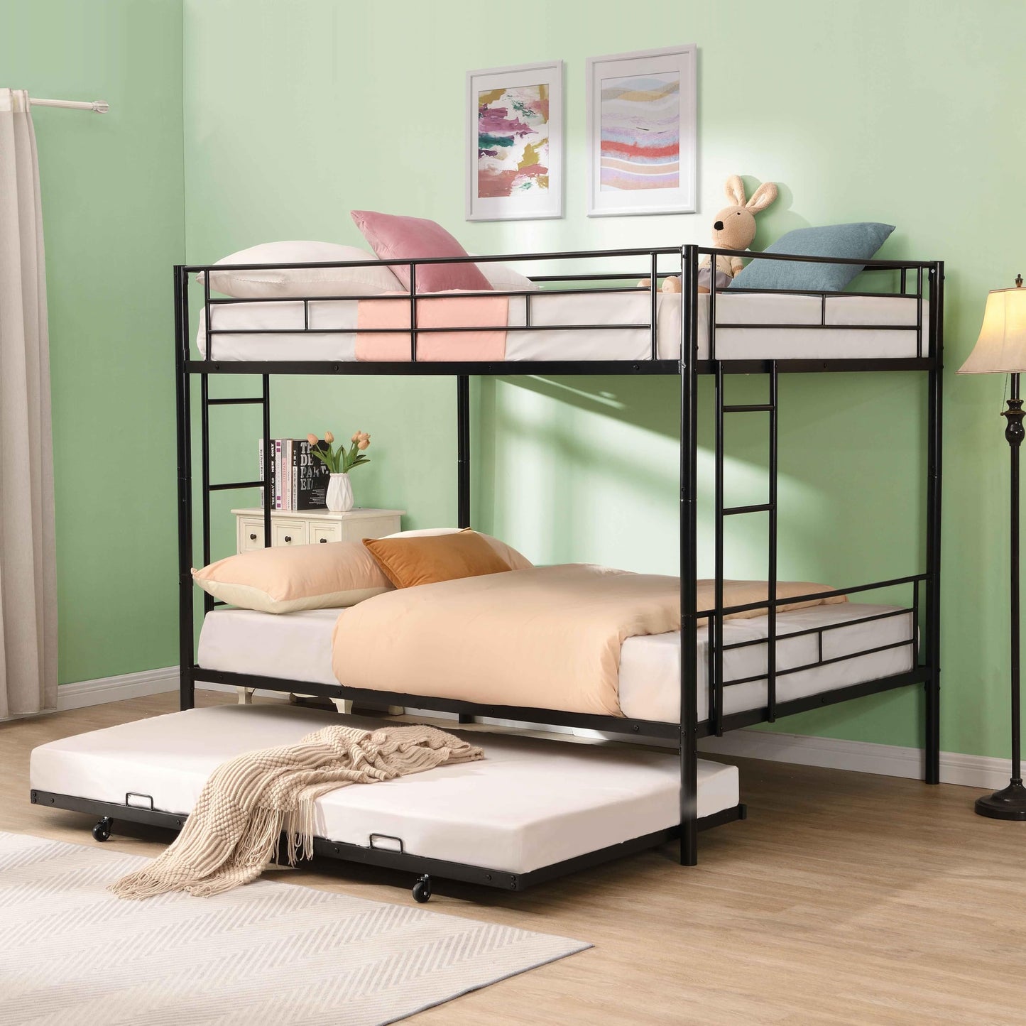 Zyerch Full Over Full Bunk Beds with Trundle for Kids Adults, Metal Bunkbeds Full Size Bunk Bed with 2 Ladders & Guardrail, Noise Free Easy Assemble Bunk Beds with Trundle, Black