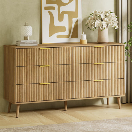 LYNSOM 6 Drawers Fluted Dresser for Bedroom, 55" Wide Modern Chest of Drawers with Metal Handle and Curved Profile Design, Dresser TV Stand, Wood Drawer Organizer for Living Room, Hallway, Natural Oak LYNSOM