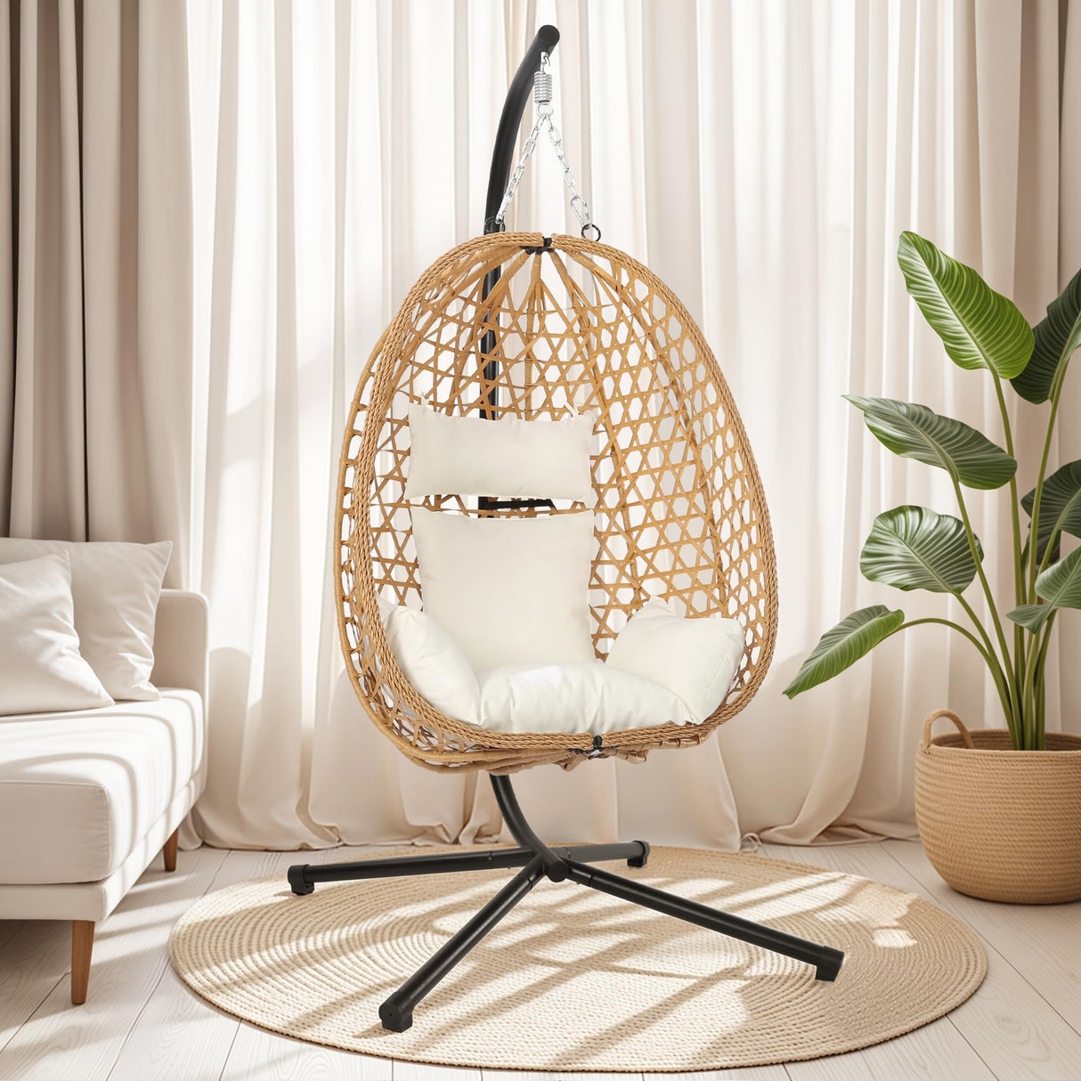 LEX CRAFT Egg Chair with Stand, Patio Wicker Hanging Chair, Hammock Swing Chair, 350LBS Capacity for Bedroom, Balcony, Garden (YE-BE) LEX CRAFT