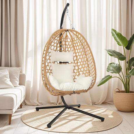 LEX CRAFT Egg Chair with Stand, Patio Wicker Hanging Chair, Hammock Swing Chair, 350LBS Capacity for Bedroom, Balcony, Garden (YE-BE) LEX CRAFT