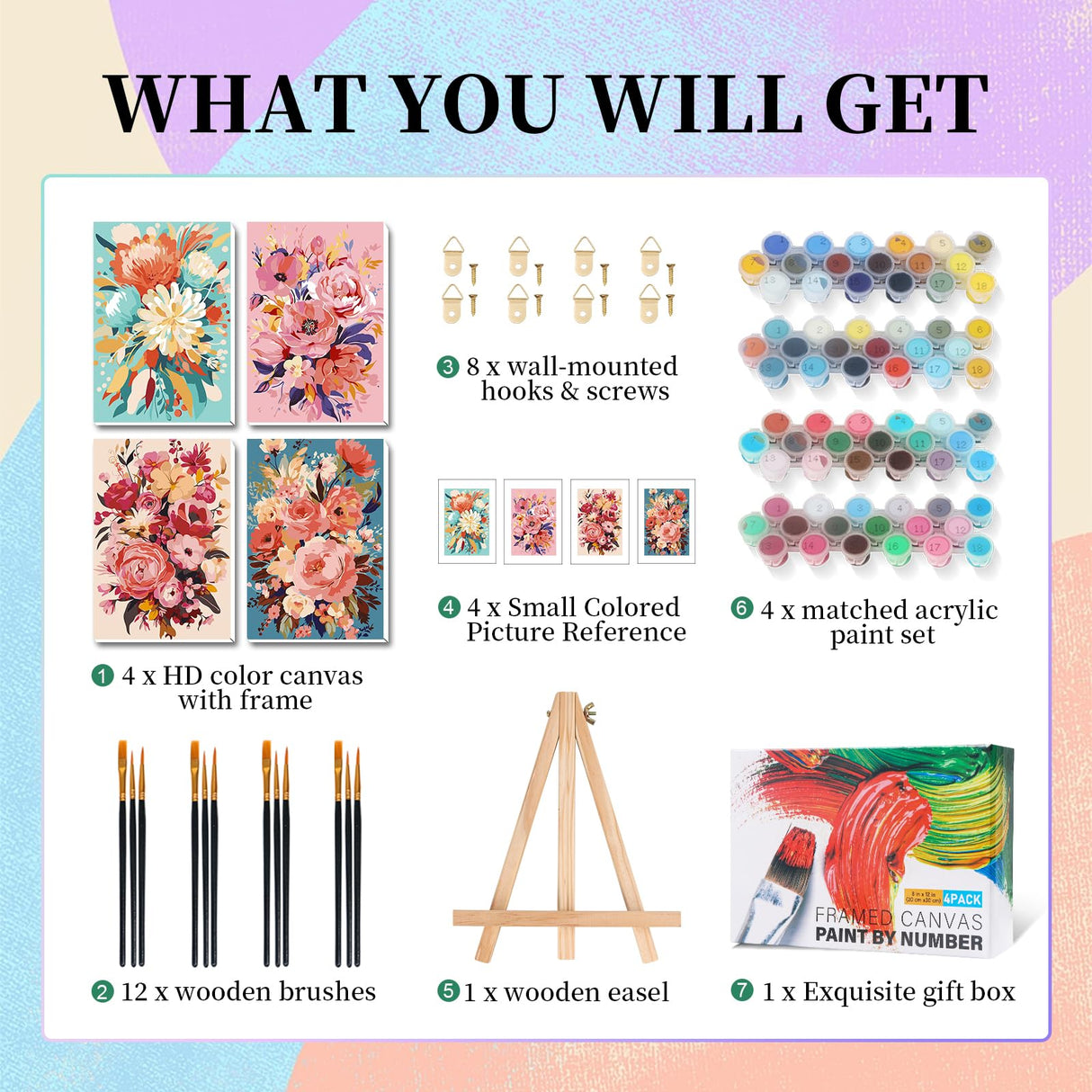 4 Pack Framed Paint by Numbers Kit for Adults with Wooden Easel, Flowers Paint by Numbers with Frame for Beginner, Flowers Adult Paints by Number Kits on Canvas Framed for Wall Decor 8 x 12 Inch Camocin