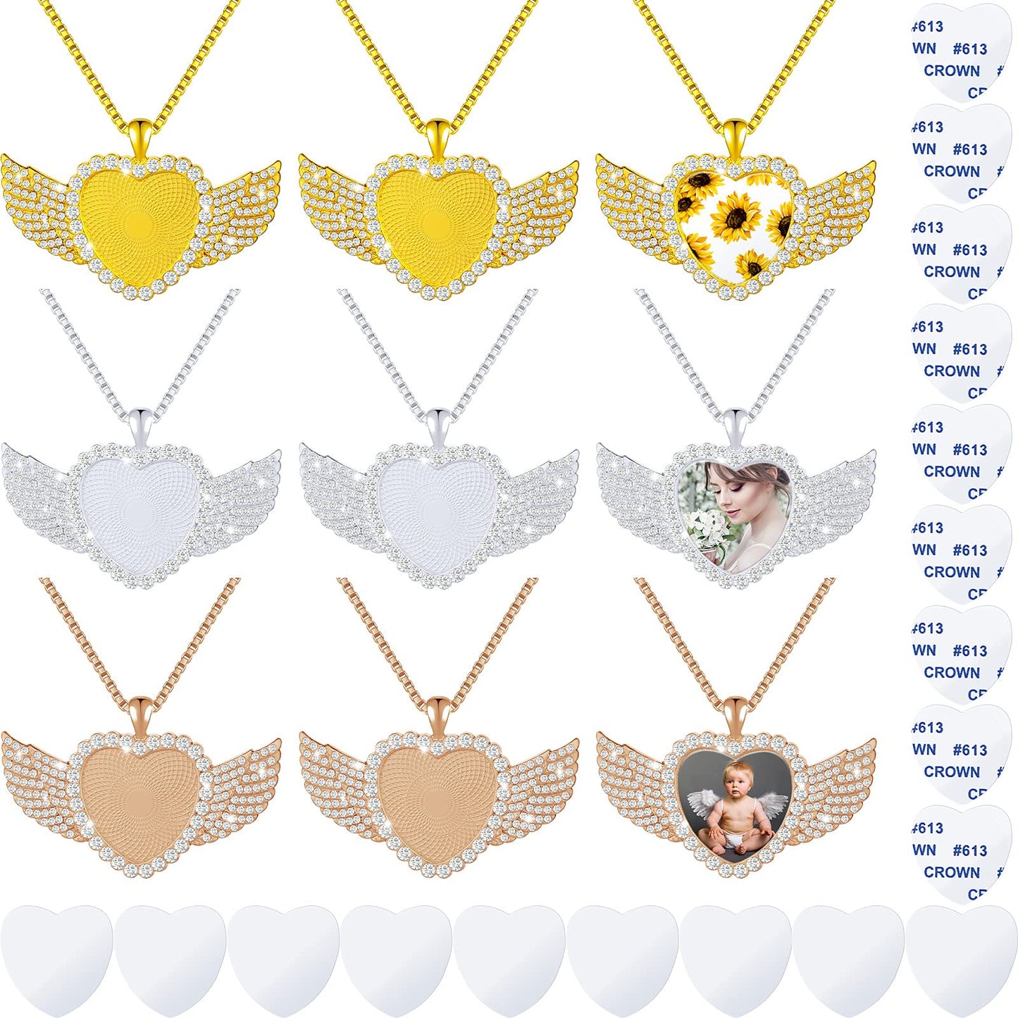 Hicarer 9 Pieces Sublimation Blank Necklace with Chain Set Blank Necklace Rhinestone Wing Shape Bezel Pendant Tray, 25 mm Sublimation Sheet, Double Sided Tape for DIY (Heart Shape Style)