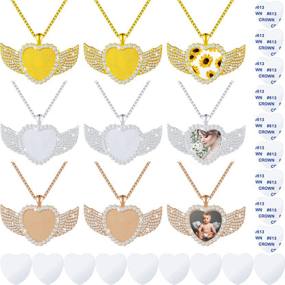 Hicarer 9 Pieces Sublimation Blank Necklace with Chain Set Blank Necklace Rhinestone Wing Shape Bezel Pendant Tray, 25 mm Sublimation Sheet, Double Sided Tape for DIY (Heart Shape Style)