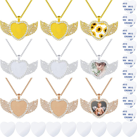 Hicarer 9 Pieces Sublimation Blank Necklace with Chain Set Blank Necklace Rhinestone Wing Shape Bezel Pendant Tray, 25 mm Sublimation Sheet, Double Sided Tape for DIY (Heart Shape Style) Hicarer