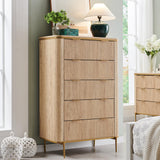 T4TREAM Fluted 5 Drawers Dresser for Bedroom, 48" Tall Modern Dresser Chest of Drawers, Gold Accents, Fluted Fronts, Wood Storage Dressers Organizer for Bedroom, Living Room, Natural Oak T4TREAM